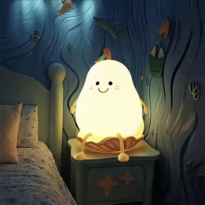 Cute Smile Pear Night Light Portable Touch Sensor USB Silicone Baby Sleep Dimmable Bedside Lamp
