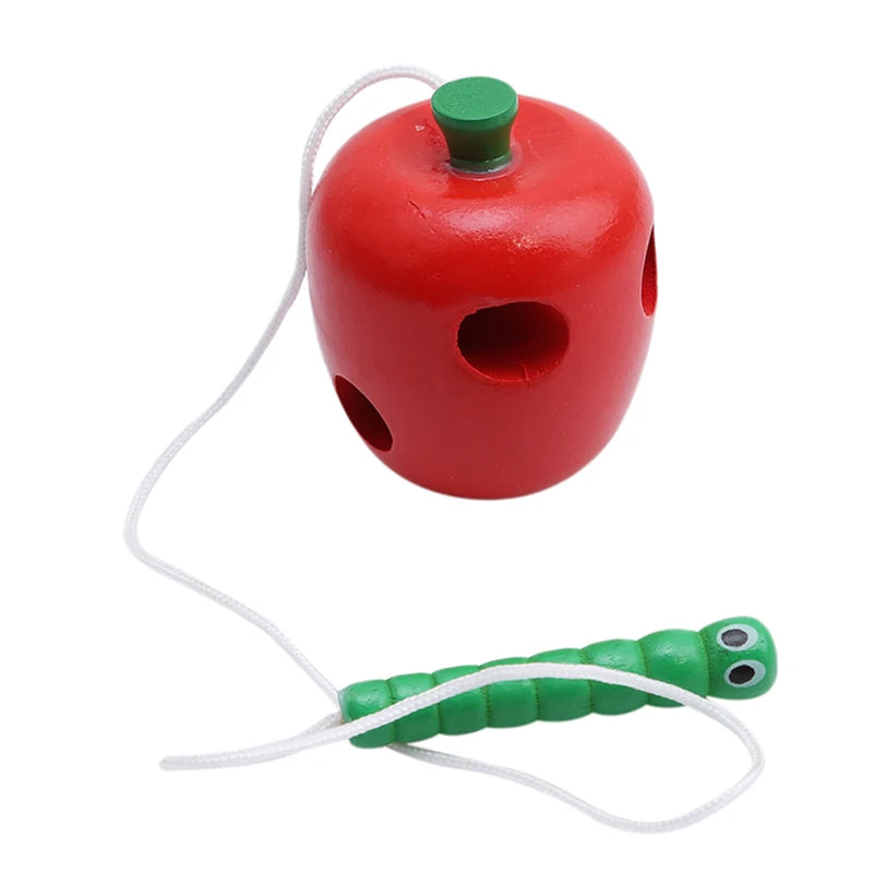 Montessori Activity Worm Eat Apple Toy – Wooden Threading and Development Game for Kids, Toddler Travel Toy for Car and Plane Play
