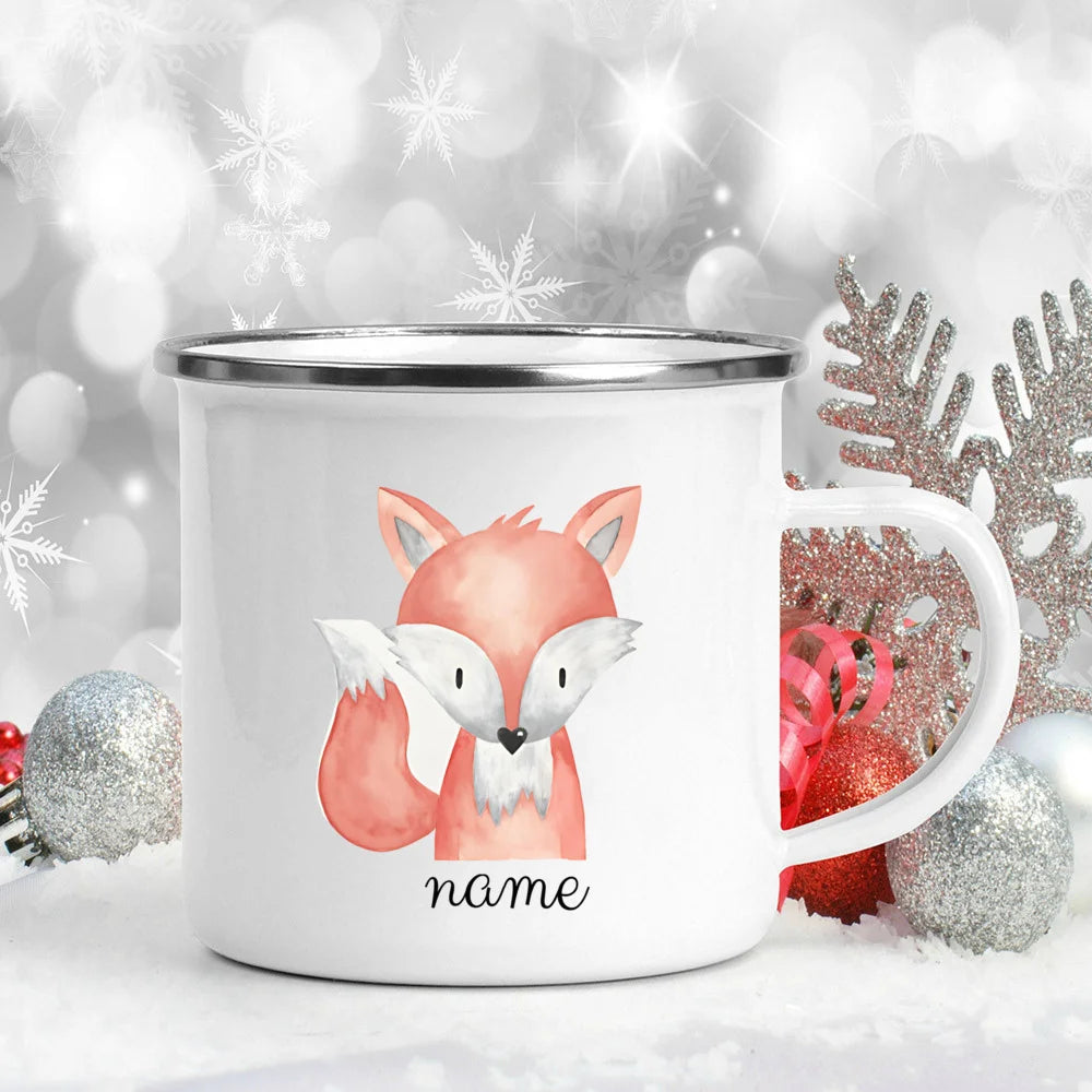 Personalized Kids Enamel Camping Mug — Forest Animals Children's Name Cup, Eco-Friendly Enamel Mug