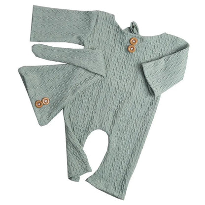Newborn Boy Photo Props Knitted Jumpsuit and Knot Hat Set Baby Boy Photography Bodysuit with Beanie for Infants