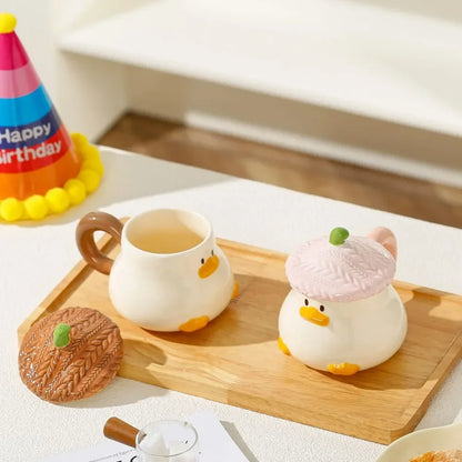 Cute Cartoon Duck Ceramic Mug with Lid & Spoon – 400ml (13.5 fl oz) Coffee Cup for Home & Office