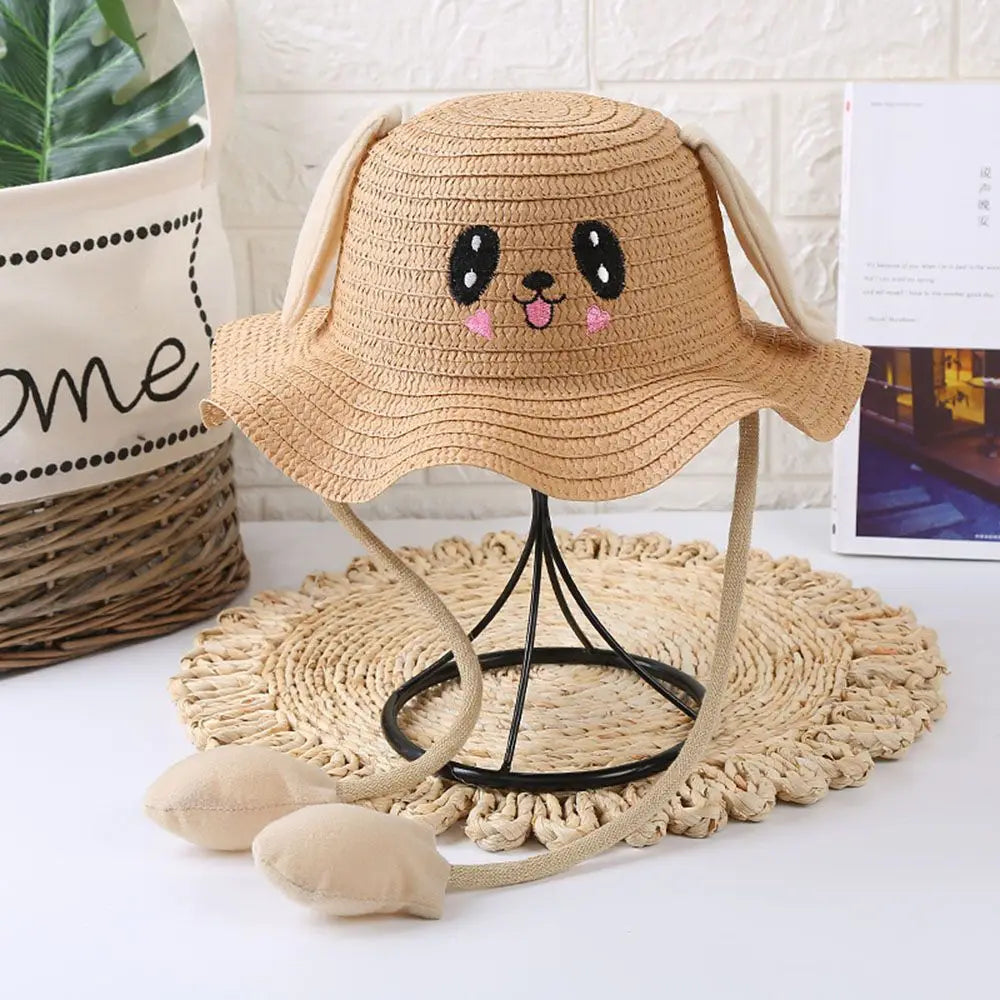 Kids Straw Sun Hat with Pop-Up Bunny Ears — Wide Brim 6.5 cm (2.6 in), 54 cm (21.3 in) Head — UPF 50+ Unisex Beach & Summer Hat, TikTok-Trending