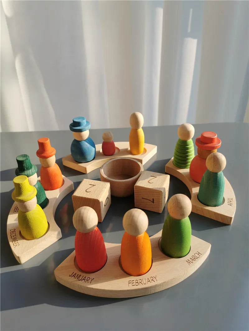 Wooden Beech Rainbow Calendar & Peg Dolls – Stacking Blocks and Wizard Figurines Toy for Kids