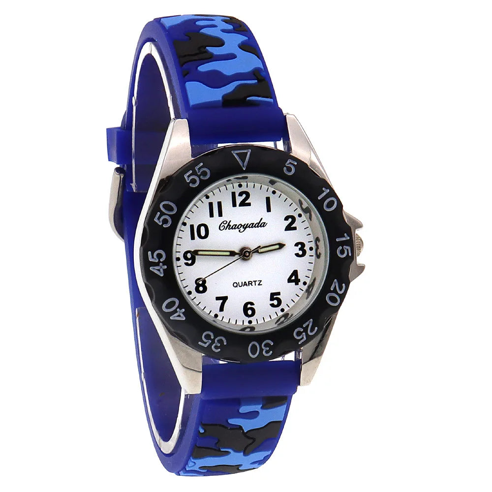 Luminous Hands Boys and Girls Fashion Camouflage Silicone Strap Quartz Digital Watch Waterproof for Kids and Students