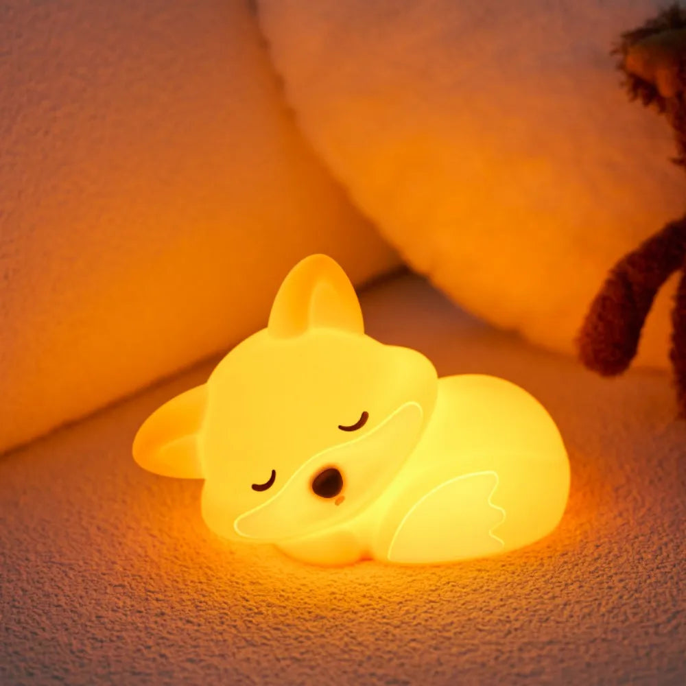 Silicone Fox Night Light Rechargeable Squishy Touch Sensor Timing Nursery Bedside Lamp Gift Room Decor