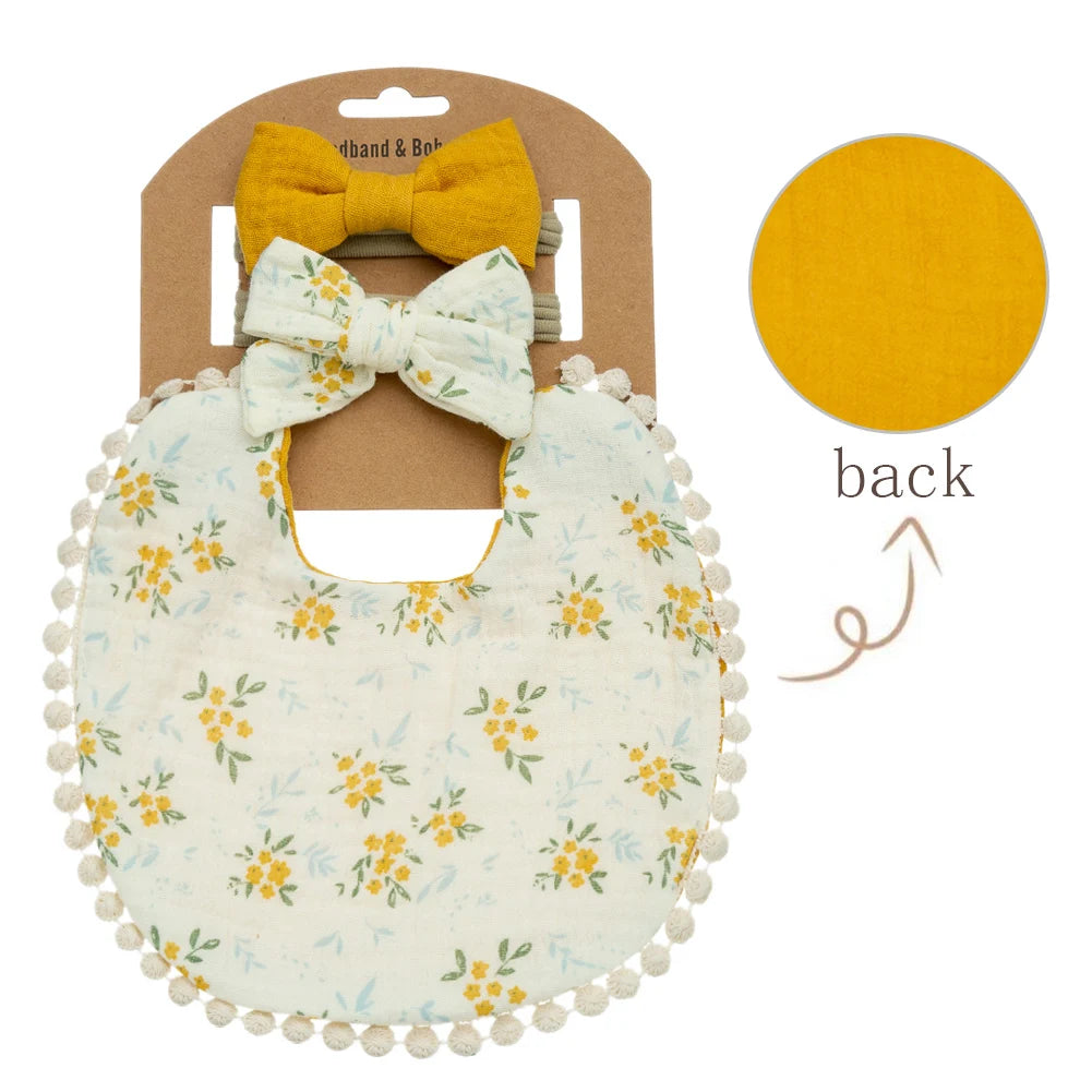 3-Piece Set – Baby Flower Bibs & Headbands, Bow Nylon Hairbands, Double-Side Saliva Towel & Feeding Burp Cloth for Boys & Girls - Kidzy Market