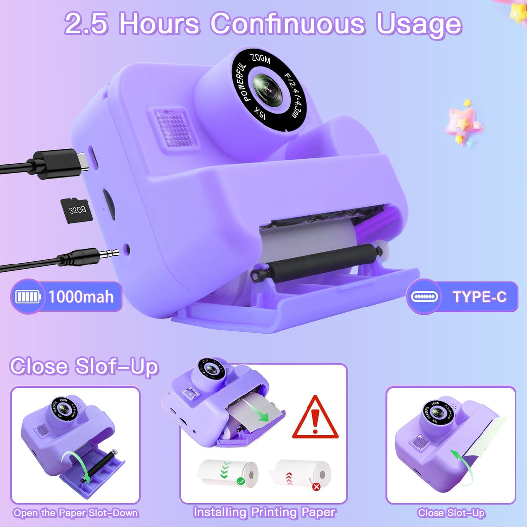 Kids Instant Print Thermal Camera with MP3 and Video Game, Toddler Toy for Ages 3-12