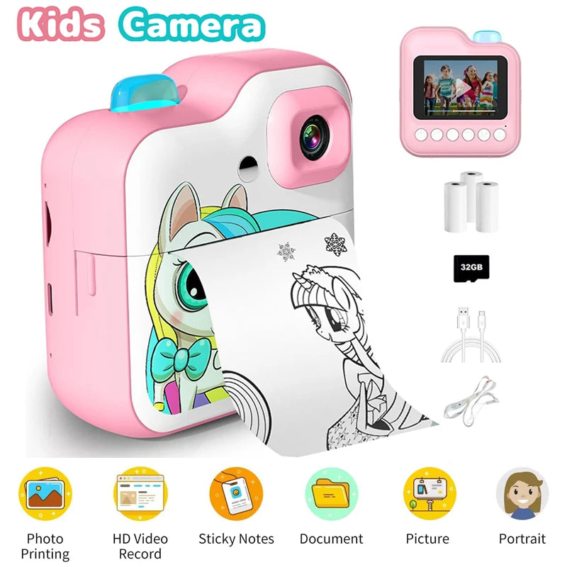 Children's Mini Instant Print Digital Camera with 32GB TF Card and Inkless Paper, Educational Video Toy