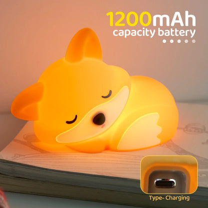 Silicone Fox Night Light Rechargeable Squishy Touch Sensor Timing Nursery Bedside Lamp Gift Room Decor