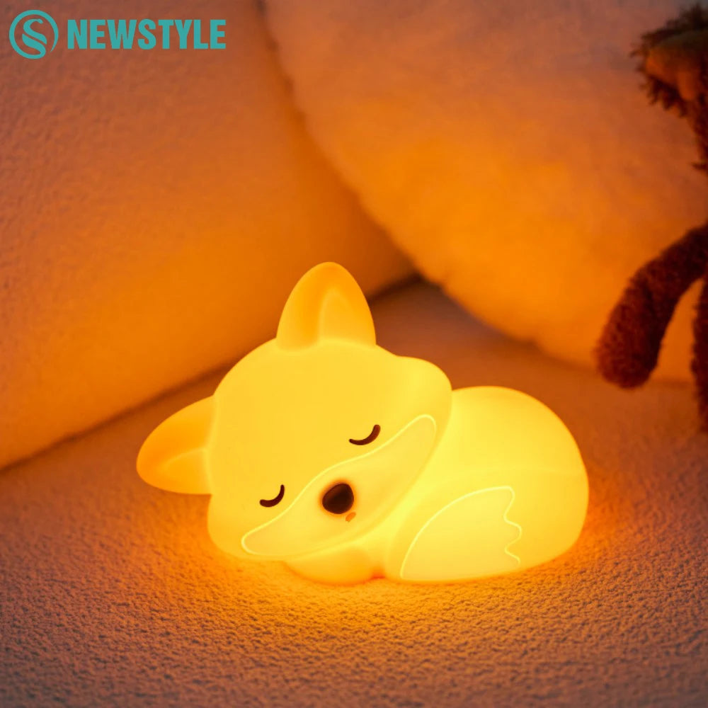 Silicone Fox Night Light Rechargeable Squishy Touch Sensor Timing Nursery Bedside Lamp Gift Room Decor