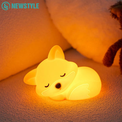 Silicone Fox Night Light Rechargeable Squishy Touch Sensor Timing Nursery Bedside Lamp Gift Room Decor