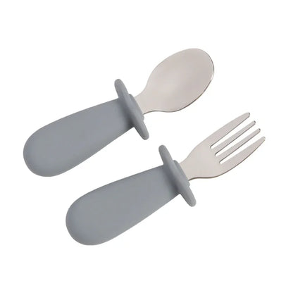2PCS Baby Tableware Set – Stainless Steel Food Feeding Spoon & Fork, Silicone Handle Utensils for Infants & Toddlers, BPA-Free Cutlery Set