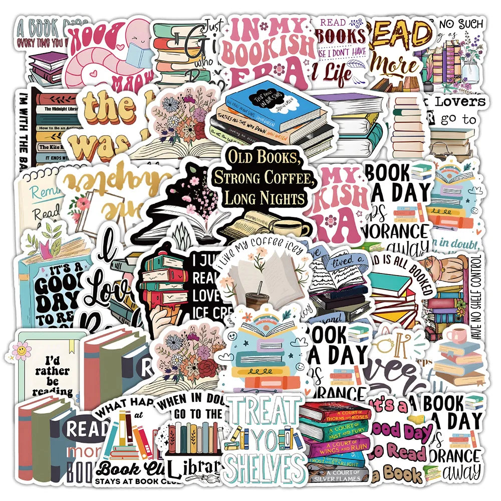 10/50pcs Cartoon Bookworm Reading Stickers – Decals for Notebooks, Diaries, Skateboards, Luggage, and Computers
