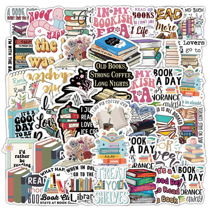 10/50pcs Cartoon Bookworm Reading Stickers – Decals for Notebooks, Diaries, Skateboards, Luggage, and Computers