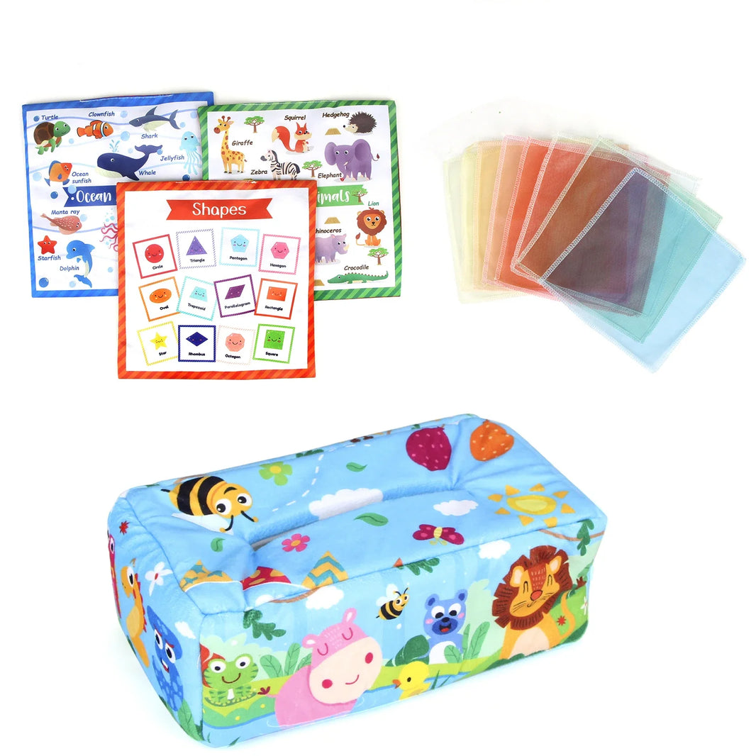 Baby Tissue Box Sensory Toy – Colorful Soft Montessori Educational Toy for Toddlers 0-18M, Finger Exercise and Pumping Silk Scarf Gift