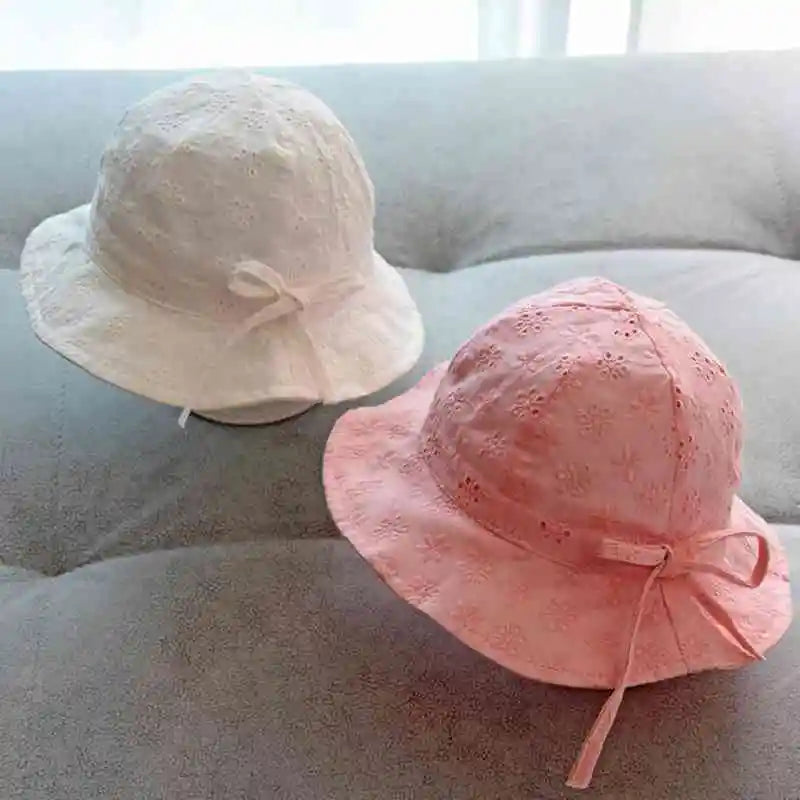 Baby Girls Cotton Breathable Bucket Hat with Bow — Adjustable Strap Sun Hat for 3–24 Months (42–48 cm / 16.5–18.9 in)