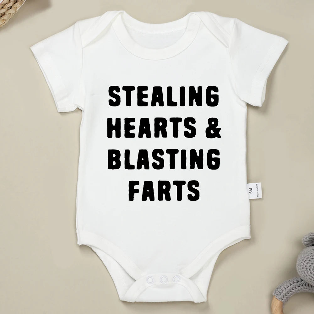 Creative Baby Onesie – "Stealing Hearts and Blasting Farts" Letter Print Funny Bodysuit – Comfy & Breathable Cotton Infant Clothes (0-24M)