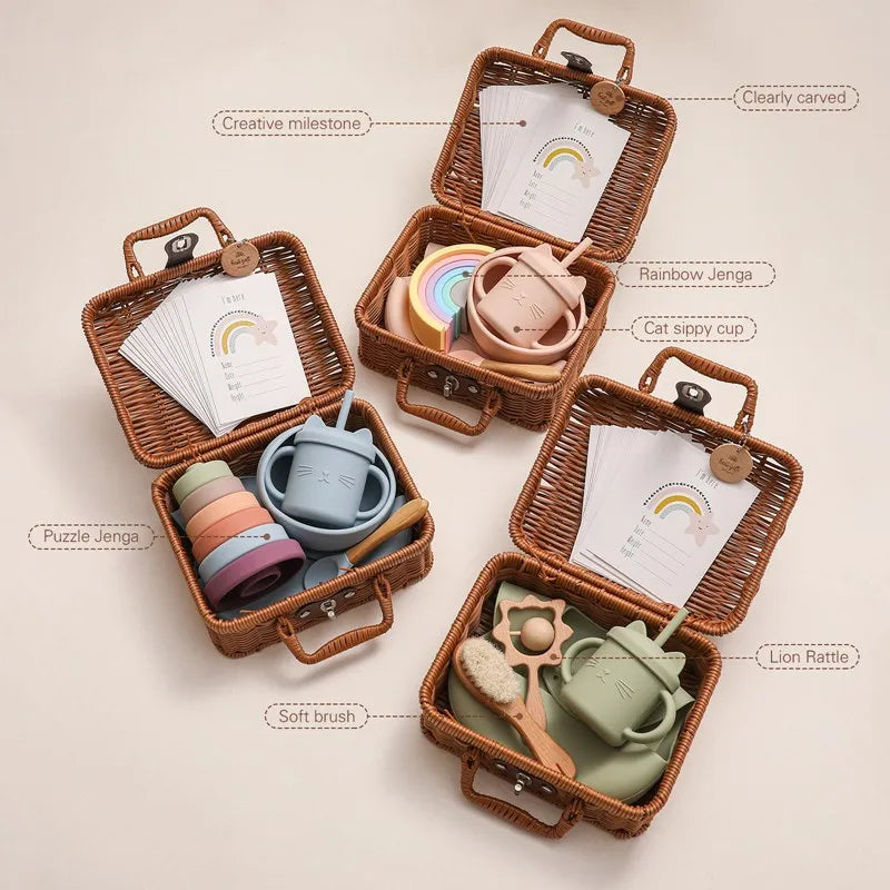 Baby Feeding Tableware Box Set – Silicone Rainbow Stacker Toy, Birth Gift Set for Babies, Vintage Baby Gift Box