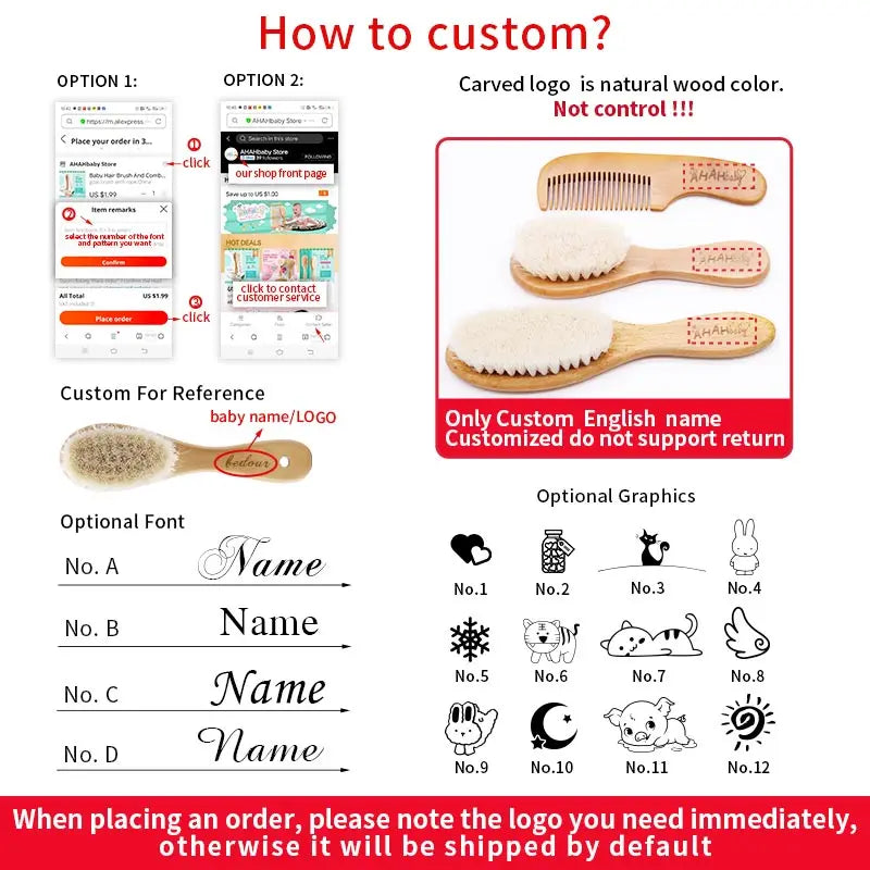 Baby Hair Brush and Comb Set for Newborn - Massage Bath & Shower - Custom Logo Mini Baby Wooden Hair Brush for Kids