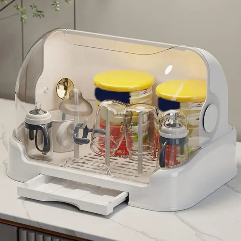 Baby Bottle Drying Rack with Removable Drip Tray – Dustproof Storage Box with Lid for Portable Baby Bottle Storage