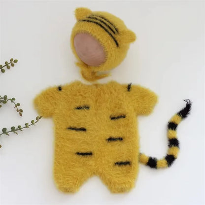 3pcs Baby Furry Tiger Costume Newborn Photography Set, Cute Animal Footed Jumpsuit, Hat & Tail, Infant Boy Girl Photo Prop Outfit