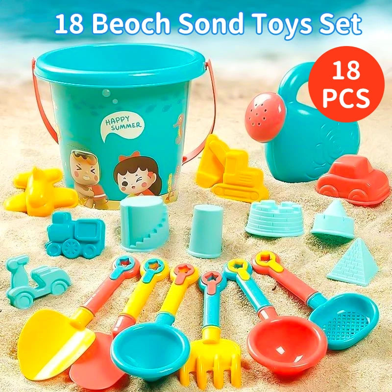 Children’s Beach Toy Set With Plastic Bucket, Watering Bottle & Shovels — Outdoor Sand & Water Play Tools