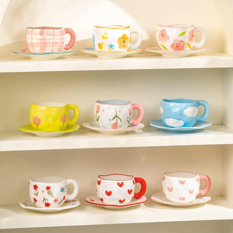 Hand-Pinched Irregular Porcelain Mug 300 ml (10 fl oz) – Flower & Heart Pattern Coffee & Tea Cup, Cute Gift for Kids & Girls