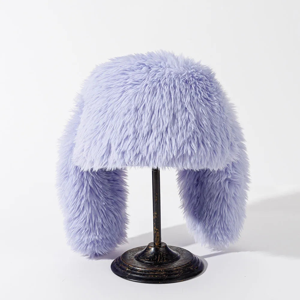 Women's Faux Fur Rabbit Ear Balaclava Hat - Bomber Ski Mask Beanie, Y2K Skullie & Halloween Accessory