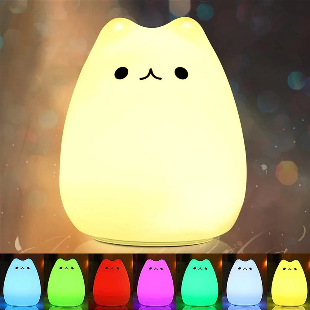 Cat Night Light for Kids Cute Silicone Squishy Touch Lamp Nursery Portable Gift for Children