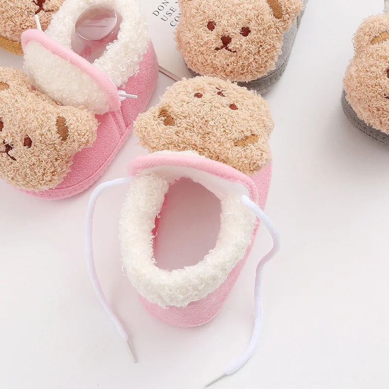 Winter Warm Newborn Baby Boy Girl Boots, Cute Bear Soft Toddler Shoes, First Walkers Anti-slip Booties, Infant Fur Snow Boots (0-18M)