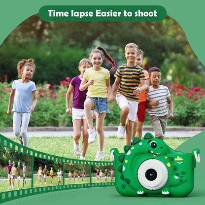 Kids Digital Camera with 32GB Card, 1080P HD Screen, Outdoor Cartoon Dinosaur Design, Photo and Video Toy, Birthday Gift