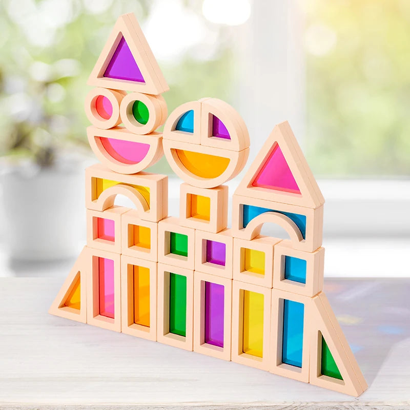 25PCS Stacking Building Blocks – Montessori Construction Toys, Colorful Geometry Sensory Wood Rainbow Blocks for Preschool Kids