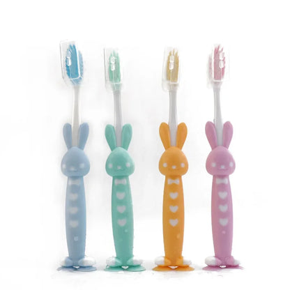Kids Baby Soft-Bristled Toothbrush - Bamboo Charcoal Short Handle with Cute Rabbit Bear Design, 4Pcs/Set