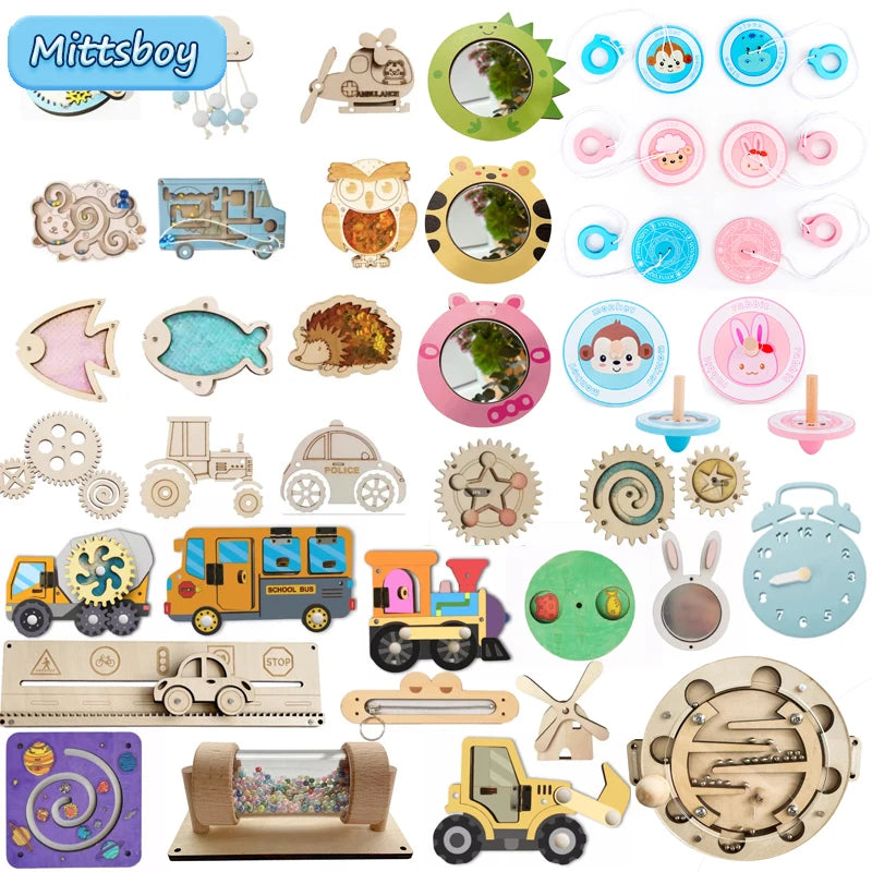 DIY Montessori Busy Board – Wooden Accessories with Hand-Pulled Wheel, Gear, Drum, Car, and Castle, Early Educational Toy for Children Gift
