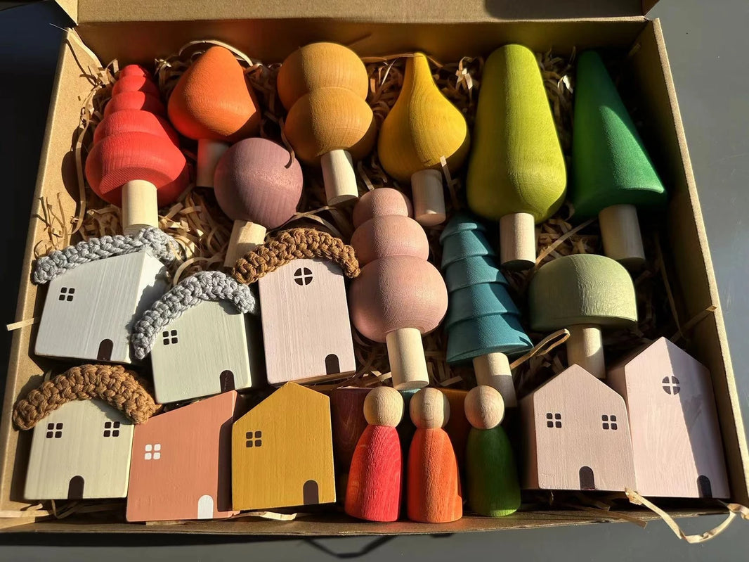 Kids Wooden Pastel Nordic Building Blocks – Stacking Crochet House, Animals, Rainbow, and Forest Tree Toys