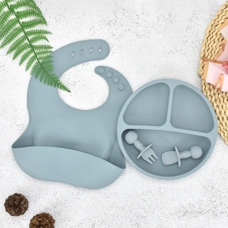 4Pcs Baby Safe Silicone Dining Plate Set - Cute Cartoon Smile Face Children Dishes, Retro Kids Tableware Set (BPA-Free)
