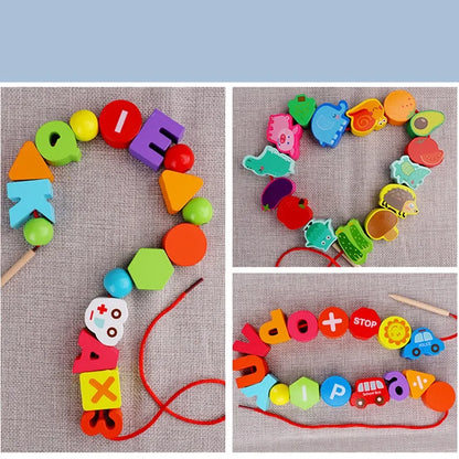 Montessori Baby DIY Wooden Toy – Cartoon Fruit and Animal Stringing with Threading Wooden Beads, Educational Toy for Kids Christmas Gift