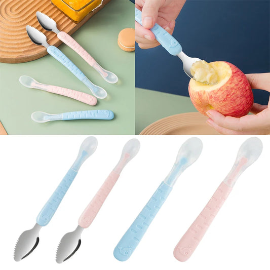 Baby Food Feeding Spoon Set – Stainless Steel Scraping & Soft Silicone Spoon for Infants and Toddlers – Includes Storage Box – BPA Free Baby Utensils for Puree, Soft Foods & Weaning