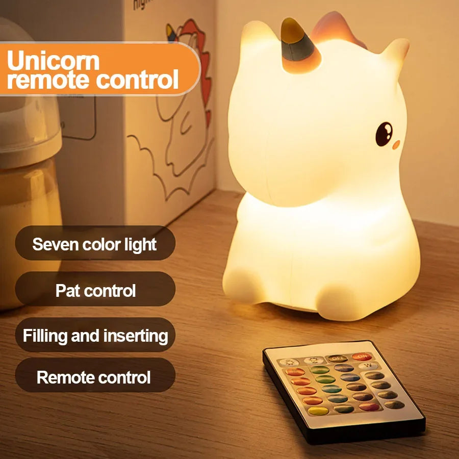 Unicorn Silicone LED Night Light - USB Rechargeable Touch Lamp for Kids, Cute Cartoon Bedroom Decor & Gift