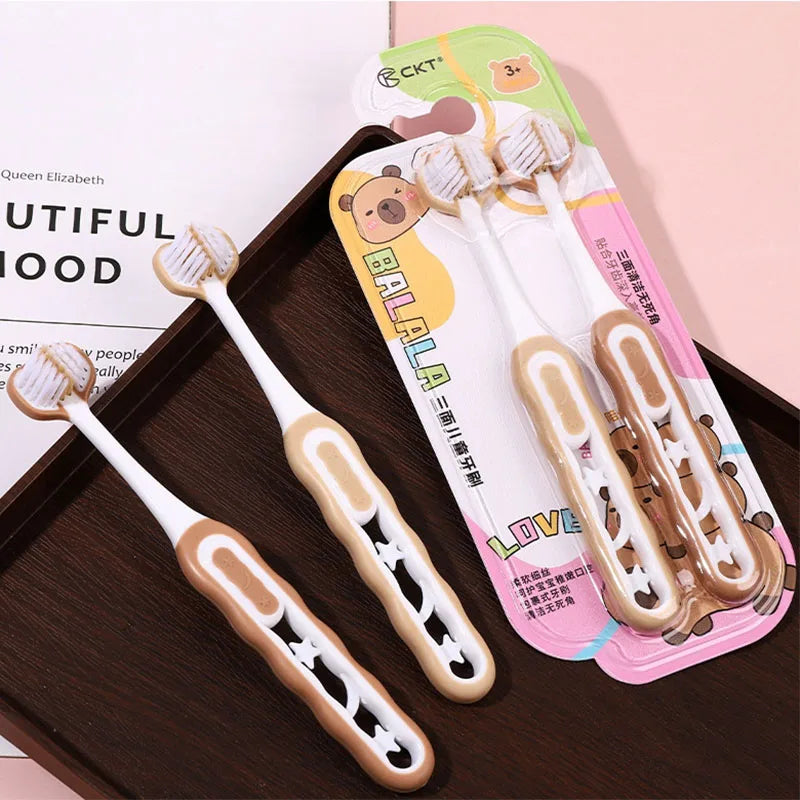 2Pcs Ultra Fine Soft Bristle Children's Toothbrush Set, 3-Sided Oral Cleaning for 3-12 Years Old