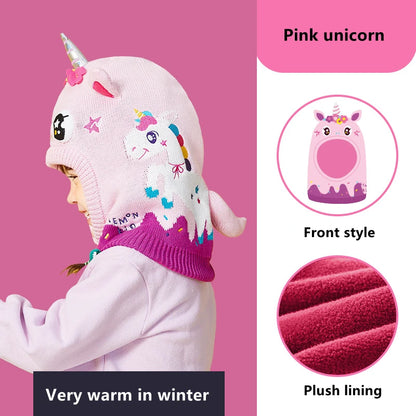 Kids Hat, Scarf & Gloves Set – 3D Dinosaur & Unicorn Modeling, Winter Windproof Knitted Beanie Cap for Baby Girls & Boys, Warm Kids Accessories