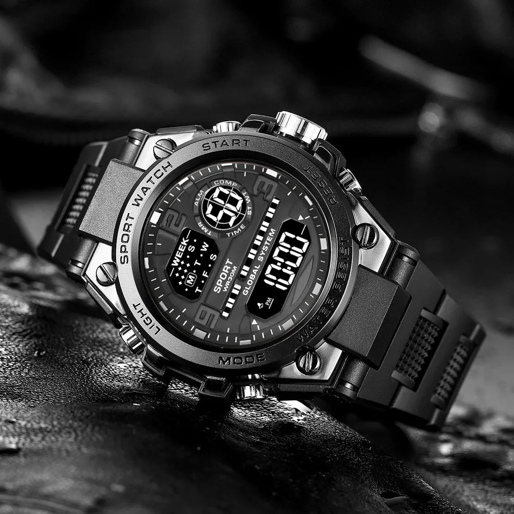 Black Sports Watch for Kids and Students Men’s Multifunction LED Digital Waterproof Luminous Alarm Clock Electronic Watch