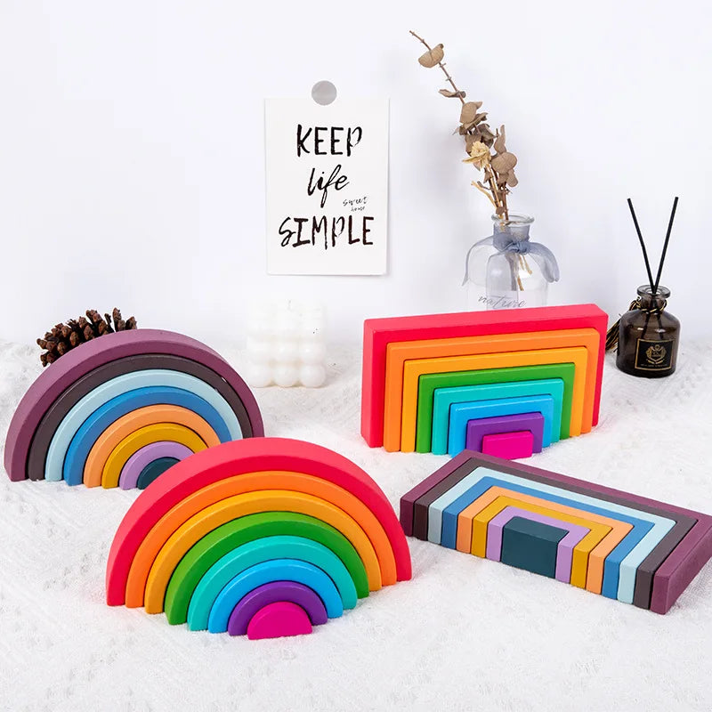 Montessori Wooden Rainbow Stacking Game – Eight Layers Square/Arch Colorful Stacker, Color Recognition Building Blocks Toy