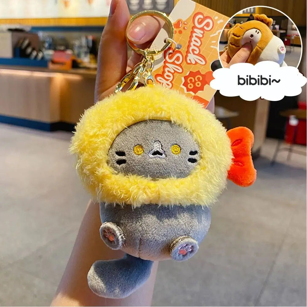 Plush Cocoa Cat Snapper Head Keychain, Cute Japanese Schoolbag Pendant Doll
