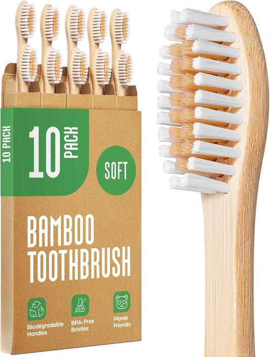 Biodegradable Bamboo Toothbrush 10 Packs, Environmentally Friendly Compostable Natural Wooden Toothbrush