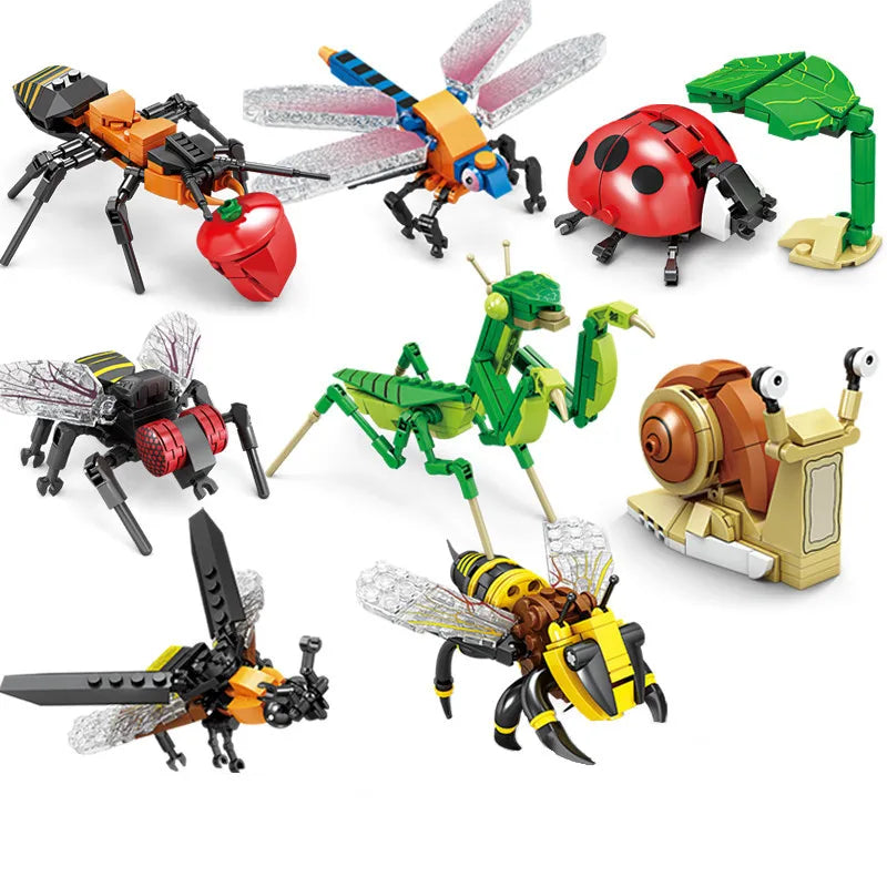 Creative Building Blocks Insect Models – Bee, Dragonfly, Ant, and Mantis Assembled Toys for Kids