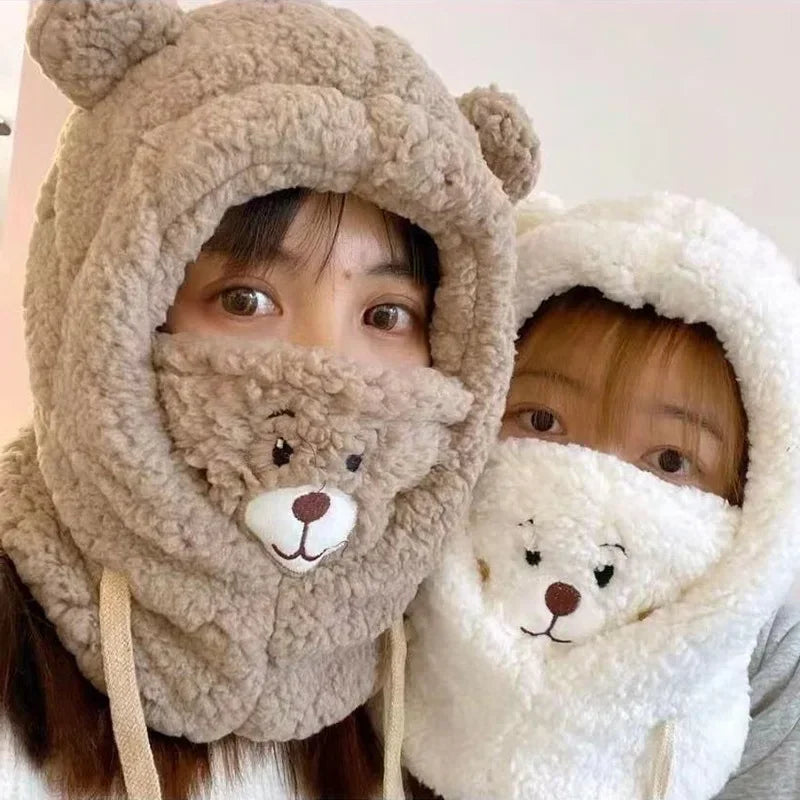 Cartoon Bear Ear Lamb Beanie with Face Mask — Thick Knit Winter Balaclava for Women & Girls