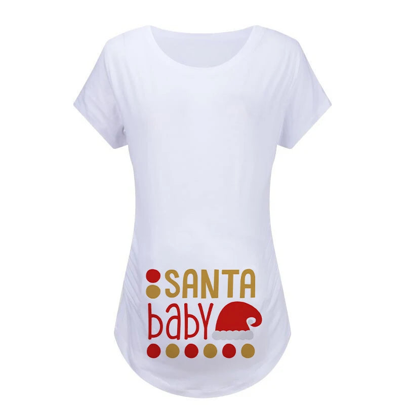 Christmas Women's Maternity T-shirt Santa Baby Printed Pregnant Women T-shirt Pregnancy Casual Short Sleeve White Clothes