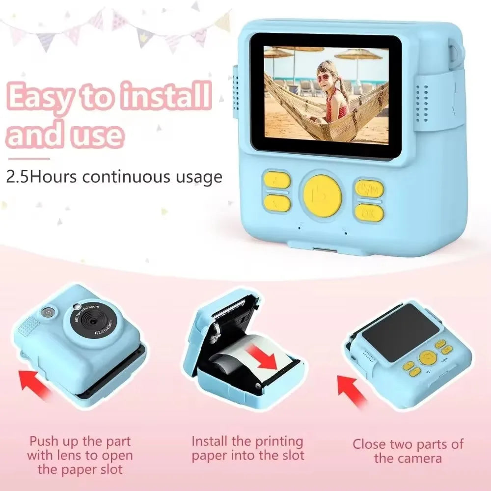 Portable Instant Print Kids Camera with 1080P HD Video, 3 Photo Paper Rolls, and 32GB Memory Card