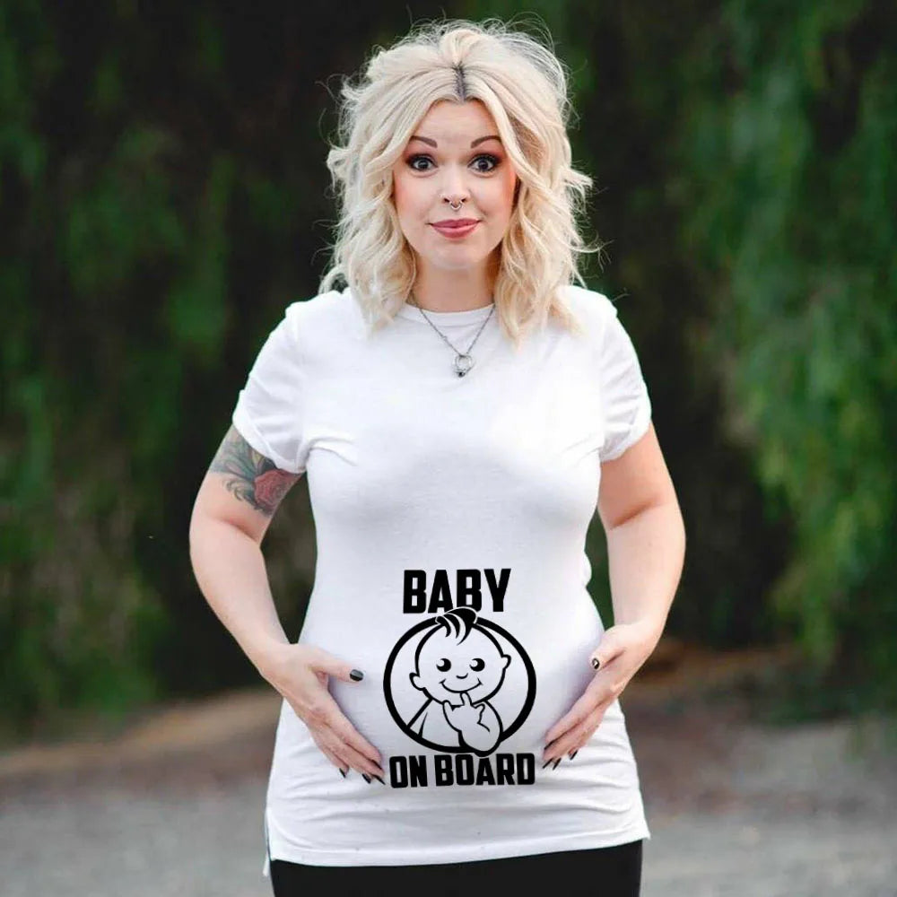 Plus Size Funny Maternity T-Shirt Baby on Board Pattern Print Pregnant Woman Tops, Pregnancy Short Sleeve T-Shirt Clothes